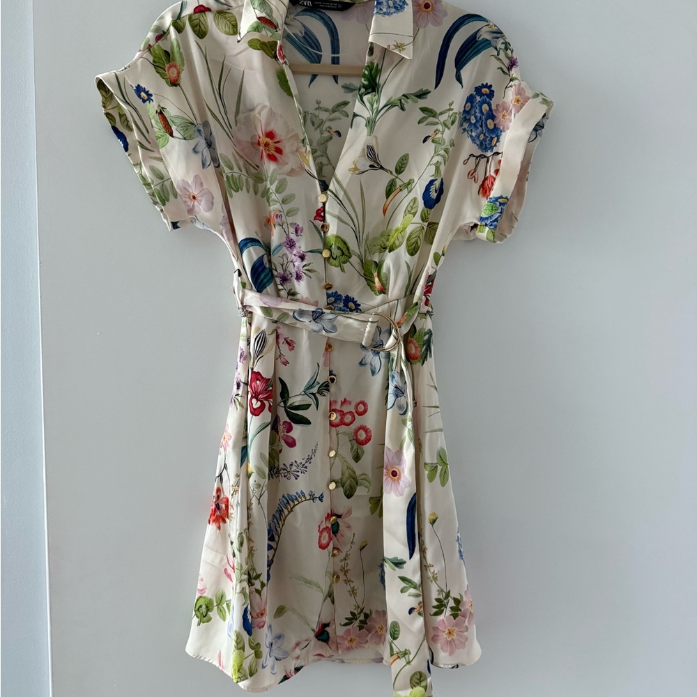 Zara Multicolor Floral Belted Dress XS